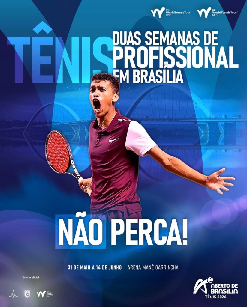 Cartaz oficial do Aberto de Brasília de Tênis 2026 mostrando um atleta vibrando com raquete na mão sobre um fundo azul com a ponte JK, destacando o período de 31 de maio a 14 de junho na Arena Mané Garrincha.